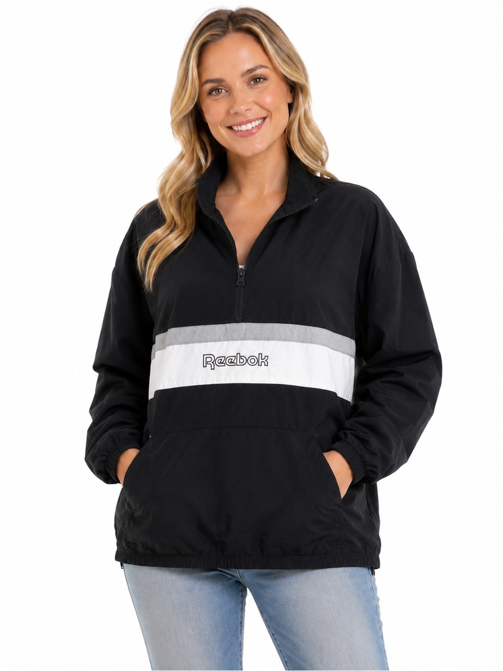 Reebok Black Pullover Half-Zip Hoodie with White and Gray Stripe